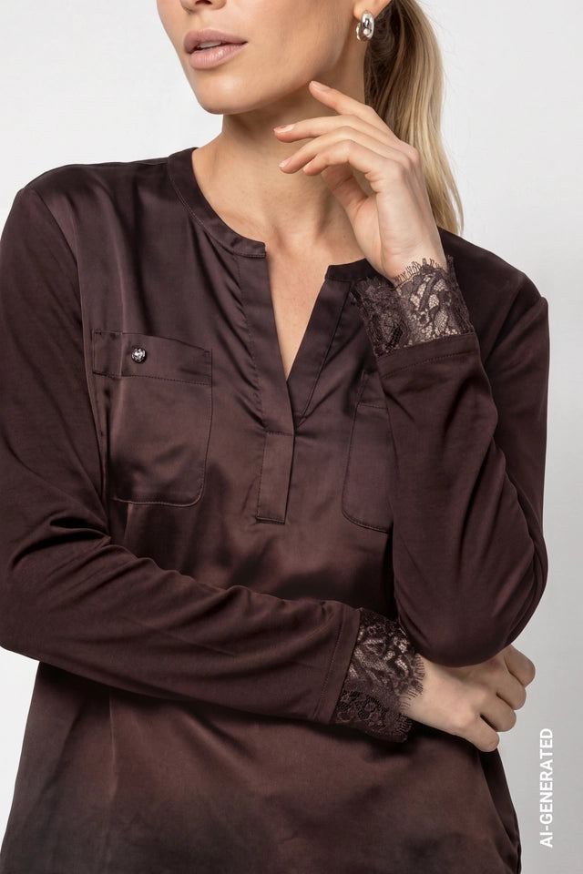 Brown Jersey Blouse With Lace Trim
