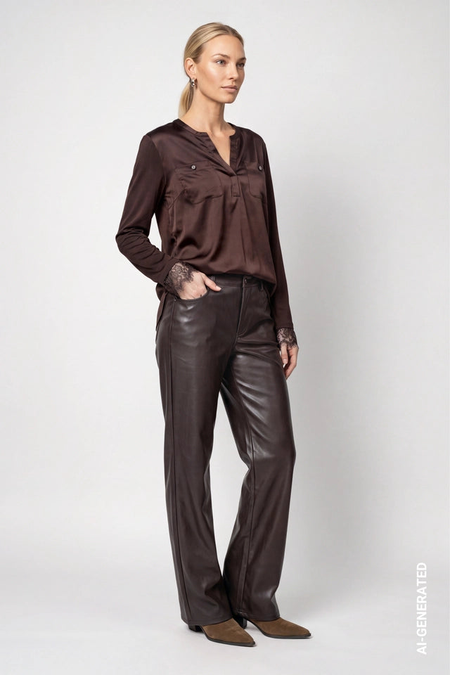 Brown Jersey Blouse With Lace Trim