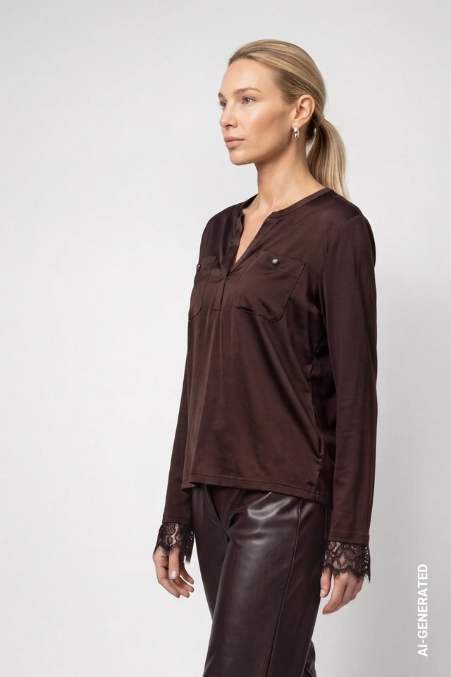 Brown Jersey Blouse With Lace Trim