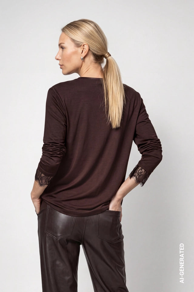 Brown Jersey Blouse With Lace Trim