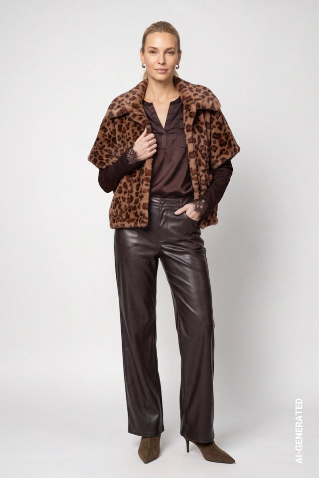 Brown Jersey Blouse With Lace Trim