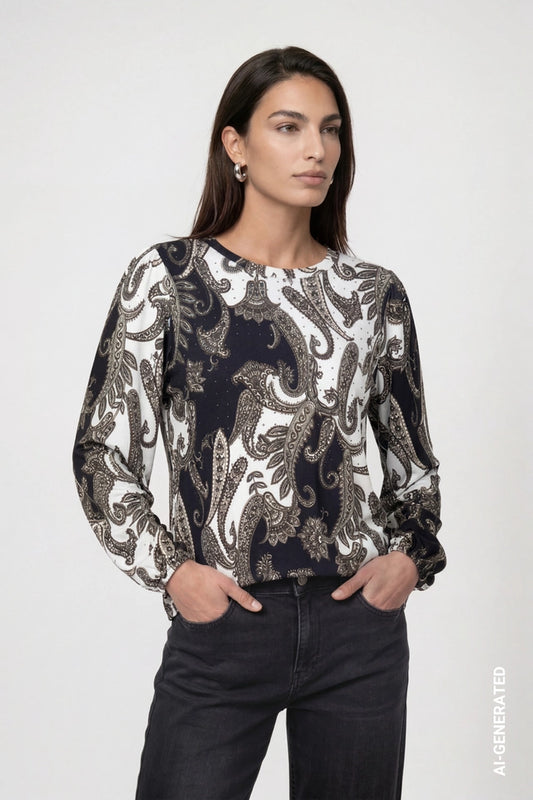 Black Cream And Olive Sparkle Top