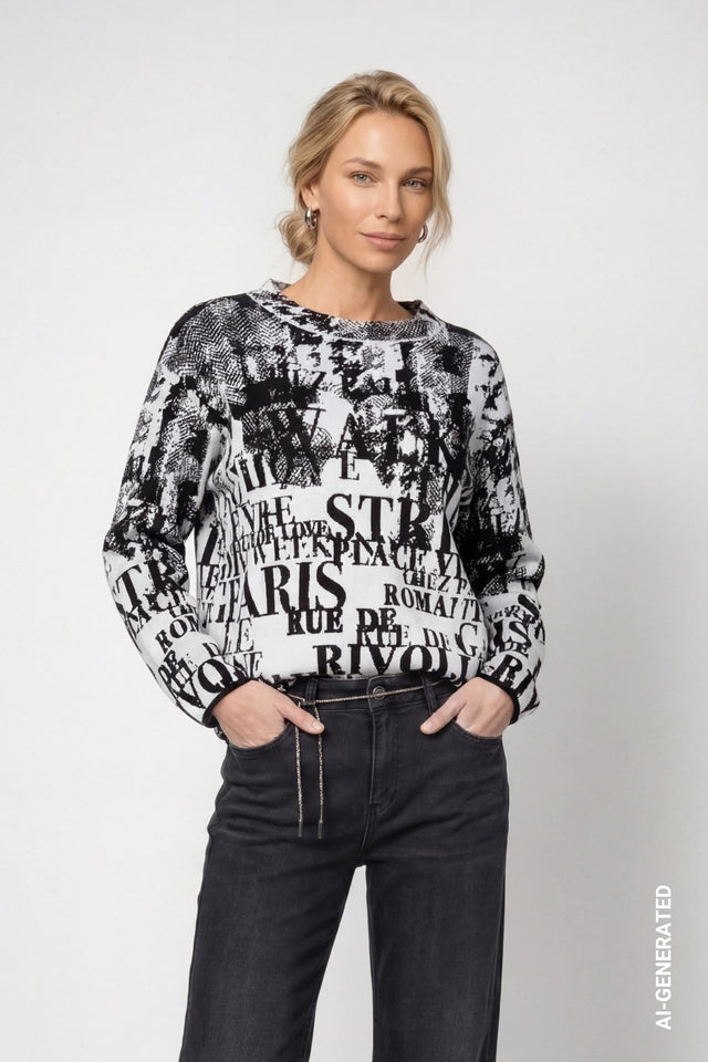Black Jumper With Letter Jacquard Pattern