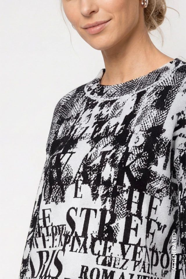 Black Jumper With Letter Jacquard Pattern