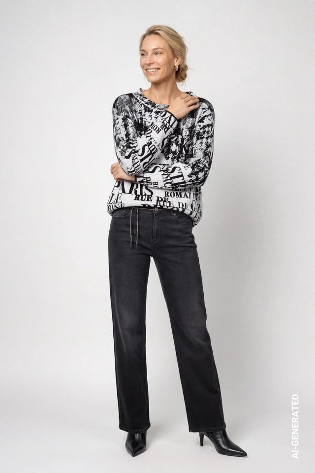 Black Jumper With Letter Jacquard Pattern