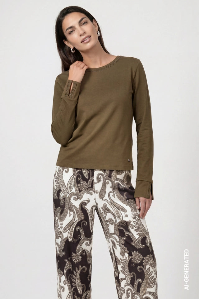 Olive Long Sleeve Shirt With Rhinestone Details