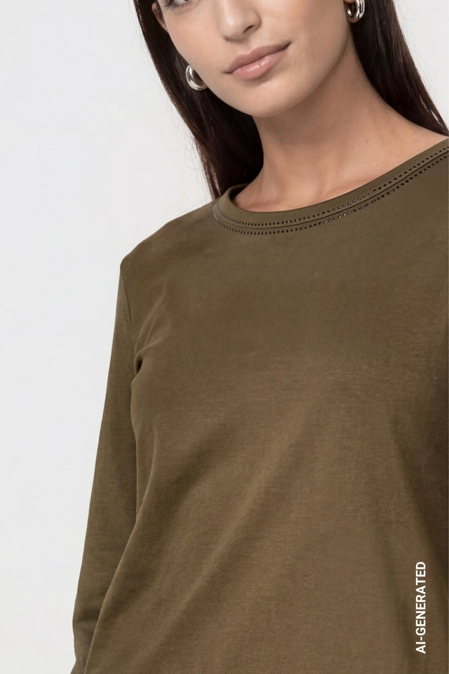 Olive Long Sleeve Shirt With Rhinestone Details