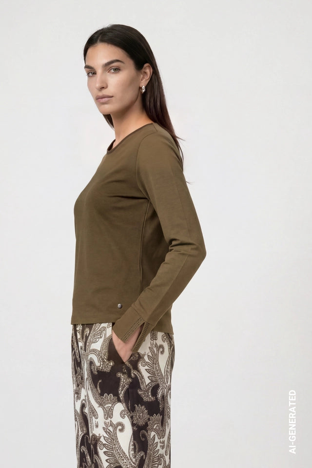 Olive Long Sleeve Shirt With Rhinestone Details