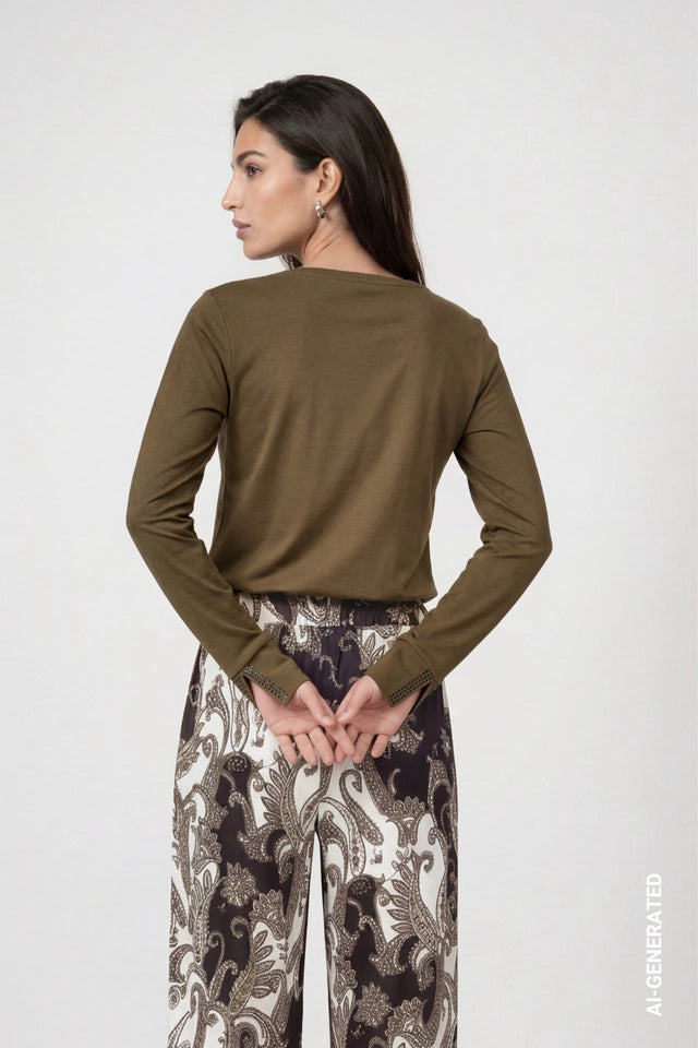 Olive Long Sleeve Shirt With Rhinestone Details