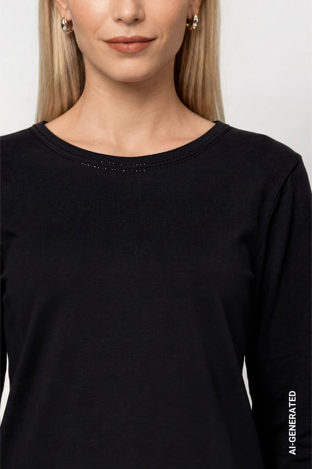 Black Long Sleeve Shirt With Rhinestone Details
