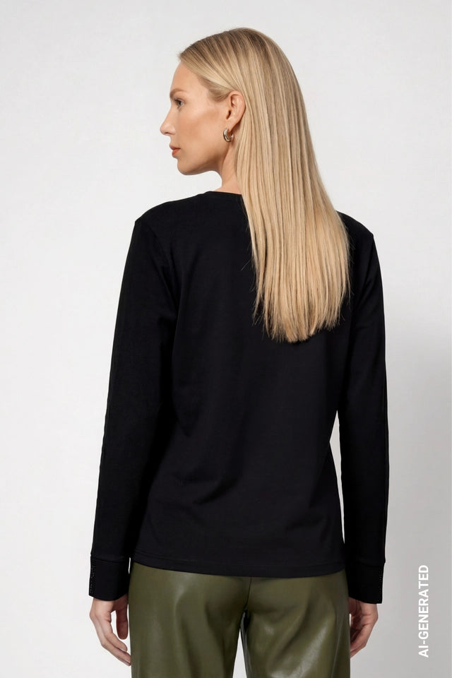 Black Long Sleeve Shirt With Rhinestone Details