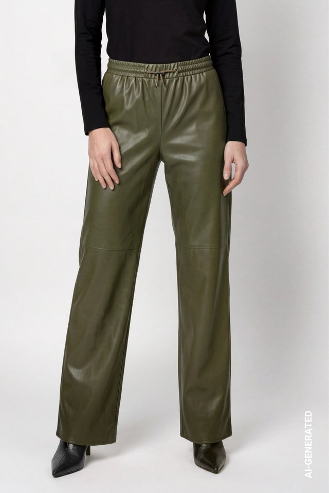 Olive Wide Leg Trousers With Leather Look
