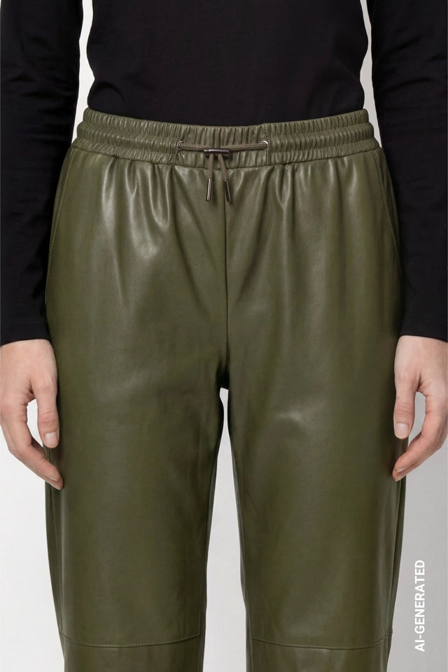 Olive Wide Leg Trousers With Leather Look