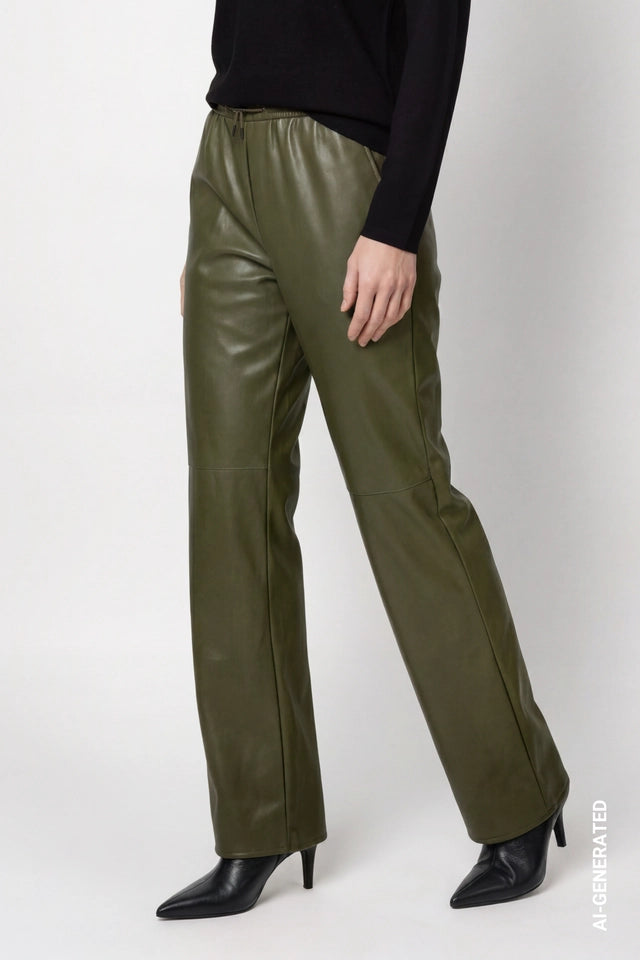 Olive Wide Leg Trousers With Leather Look