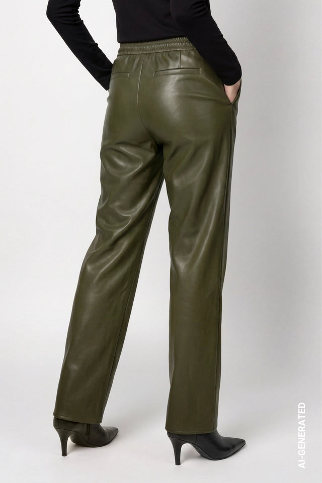 Olive Wide Leg Trousers With Leather Look