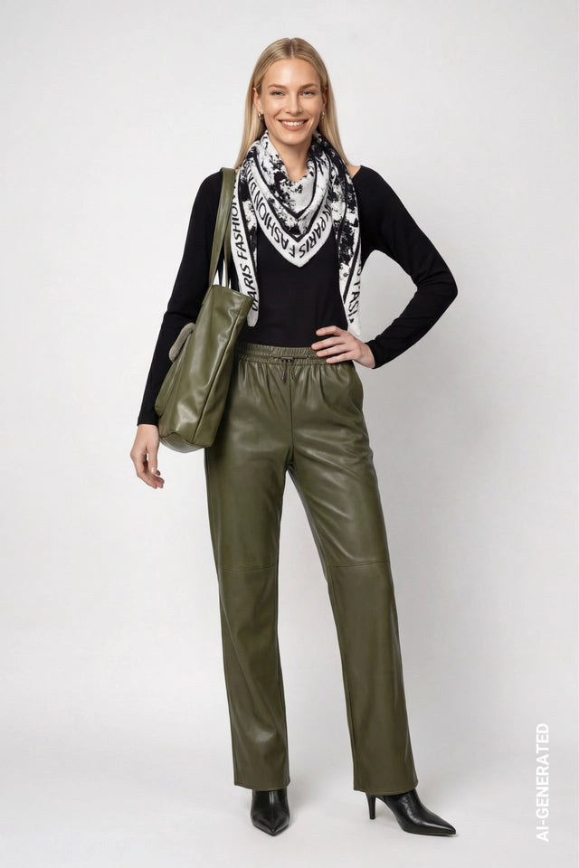 Olive Wide Leg Trousers With Leather Look