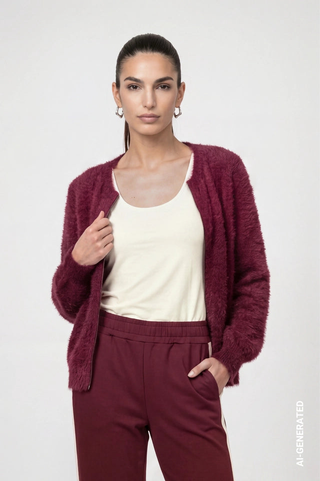 Dark Bordeaux Cardigan With Fluffy Texture