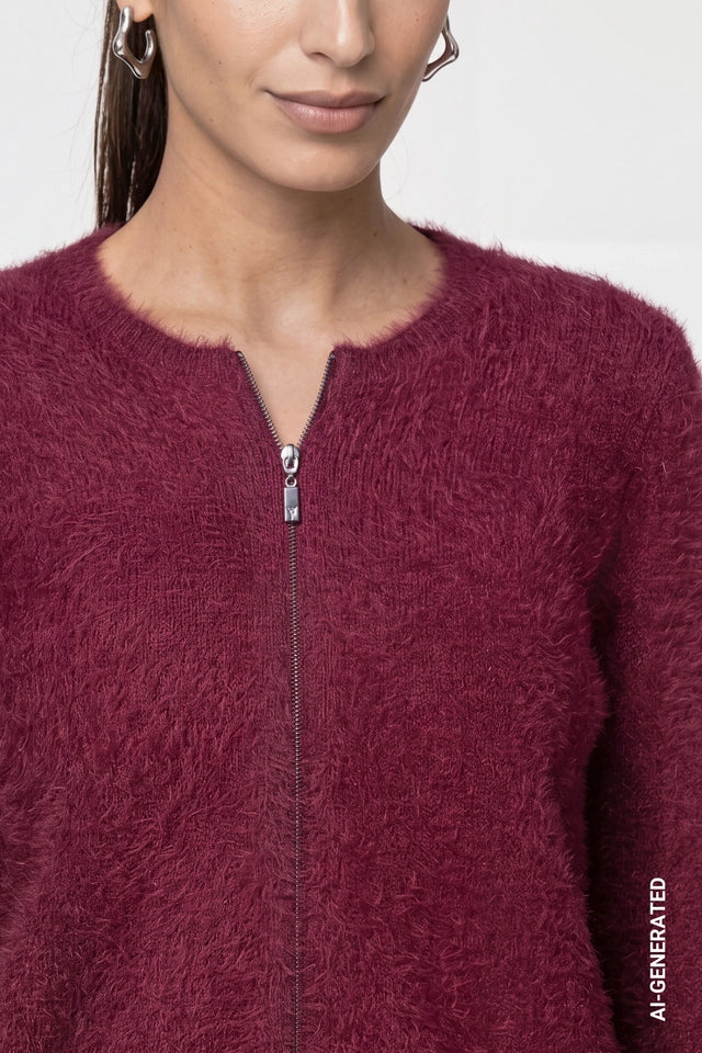 Dark Bordeaux Cardigan With Fluffy Texture