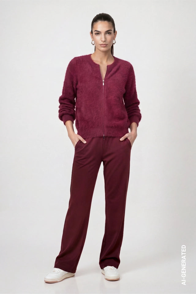 Dark Bordeaux Cardigan With Fluffy Texture