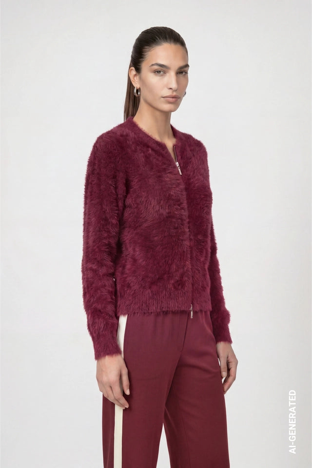Dark Bordeaux Cardigan With Fluffy Texture