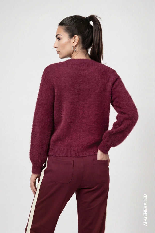 Dark Bordeaux Cardigan With Fluffy Texture