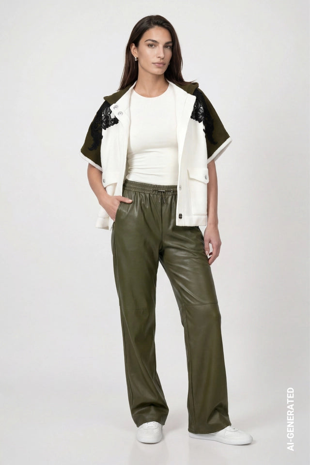 White And Olive Green Knitted Cape With Lace