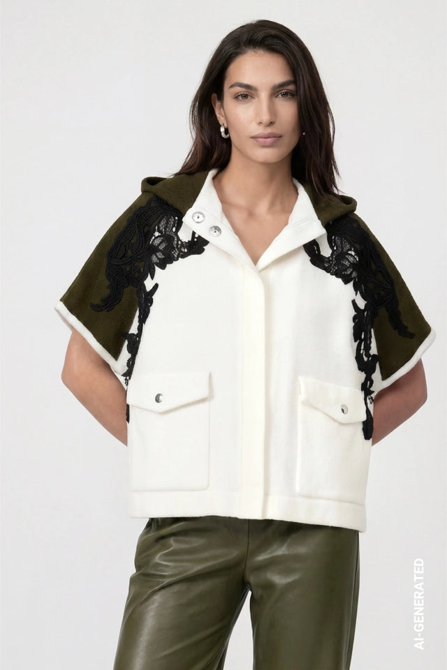 White And Olive Green Knitted Cape With Lace