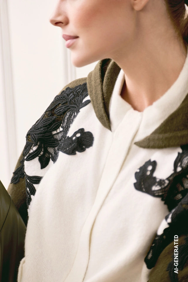 White And Olive Green Knitted Cape With Lace