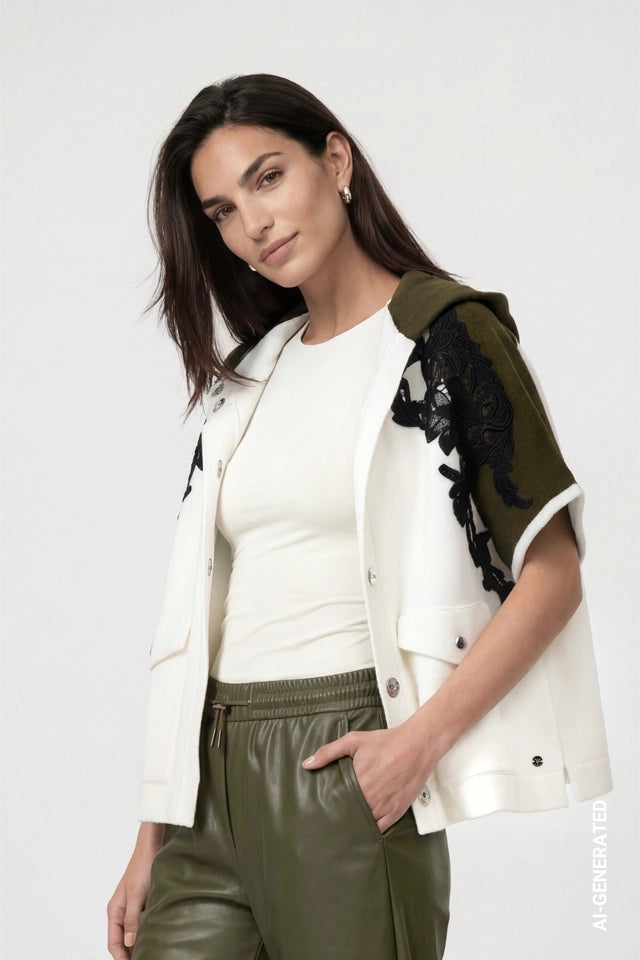 White And Olive Green Knitted Cape With Lace