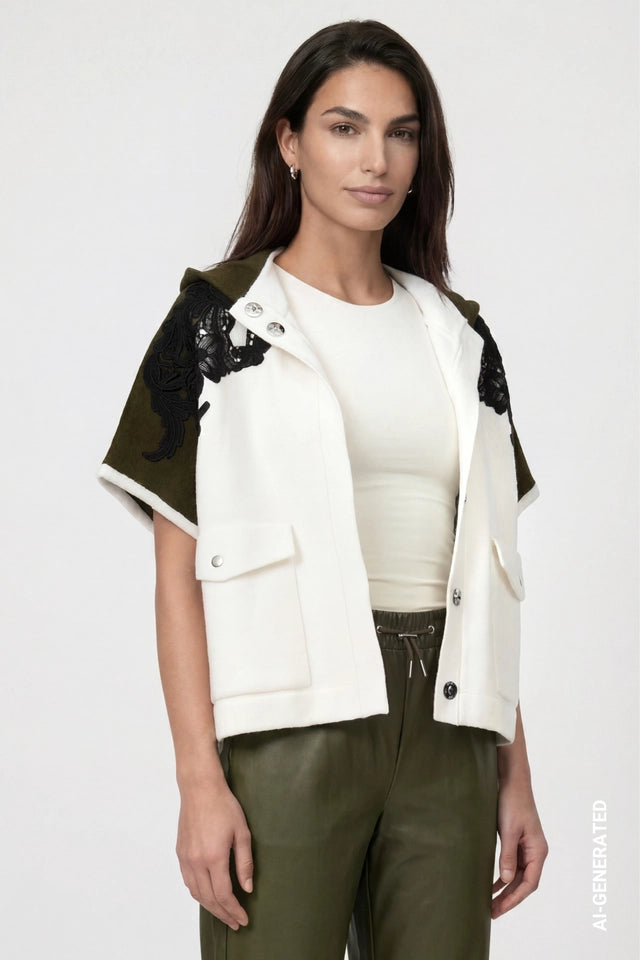 White And Olive Green Knitted Cape With Lace