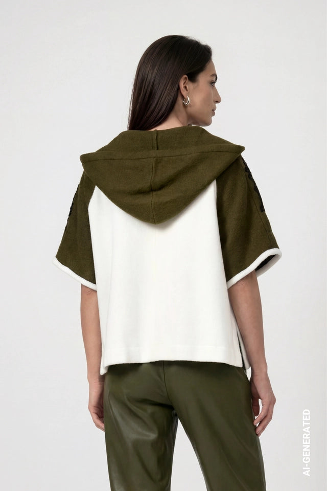 White And Olive Green Knitted Cape With Lace