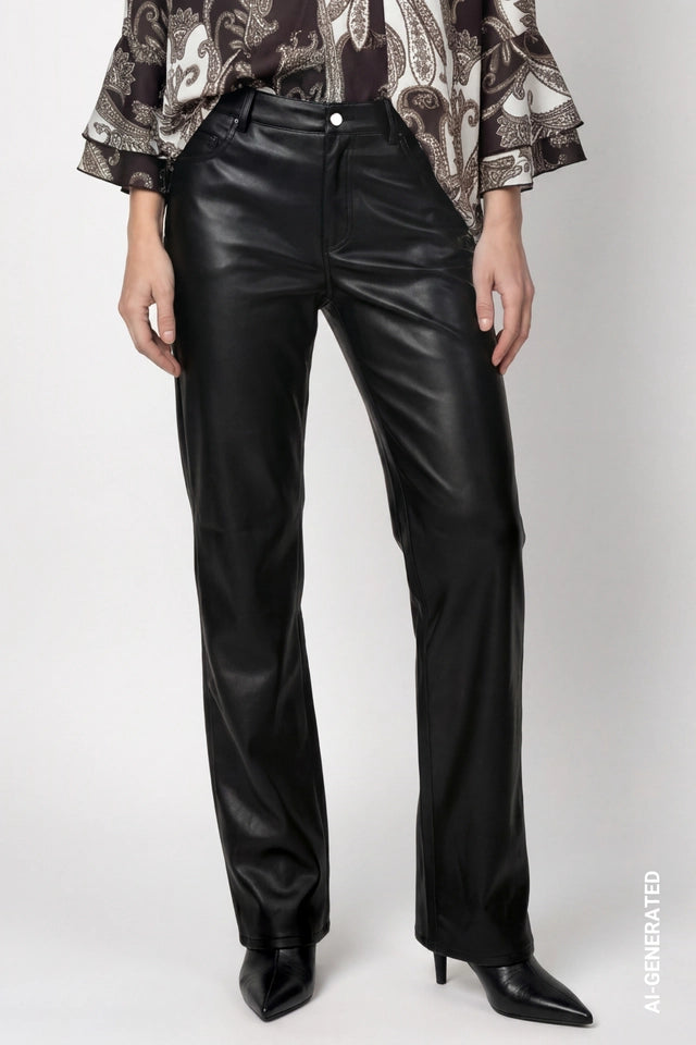 Black Flared Pants With Leather Look