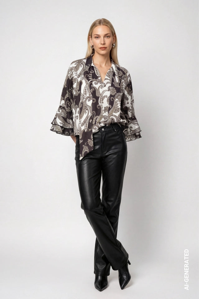 Black Flared Pants With Leather Look