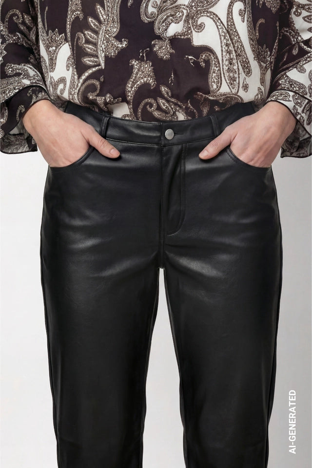 Black Flared Pants With Leather Look
