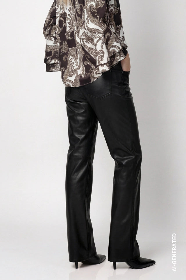 Black Flared Pants With Leather Look