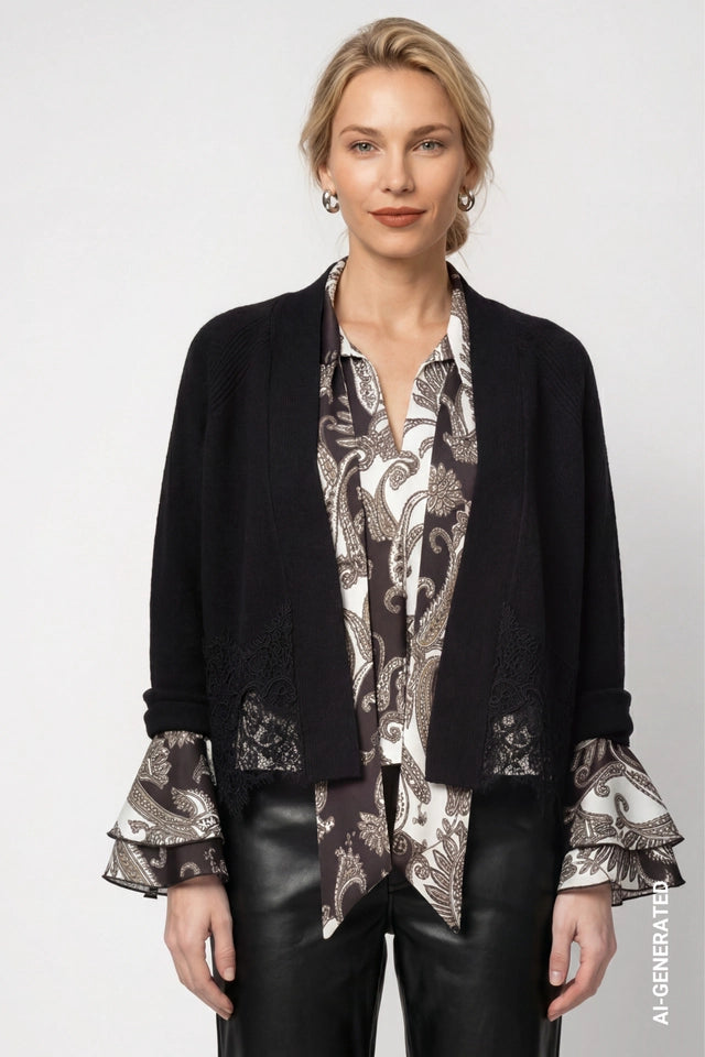 Black Cardigan With Lace Trim