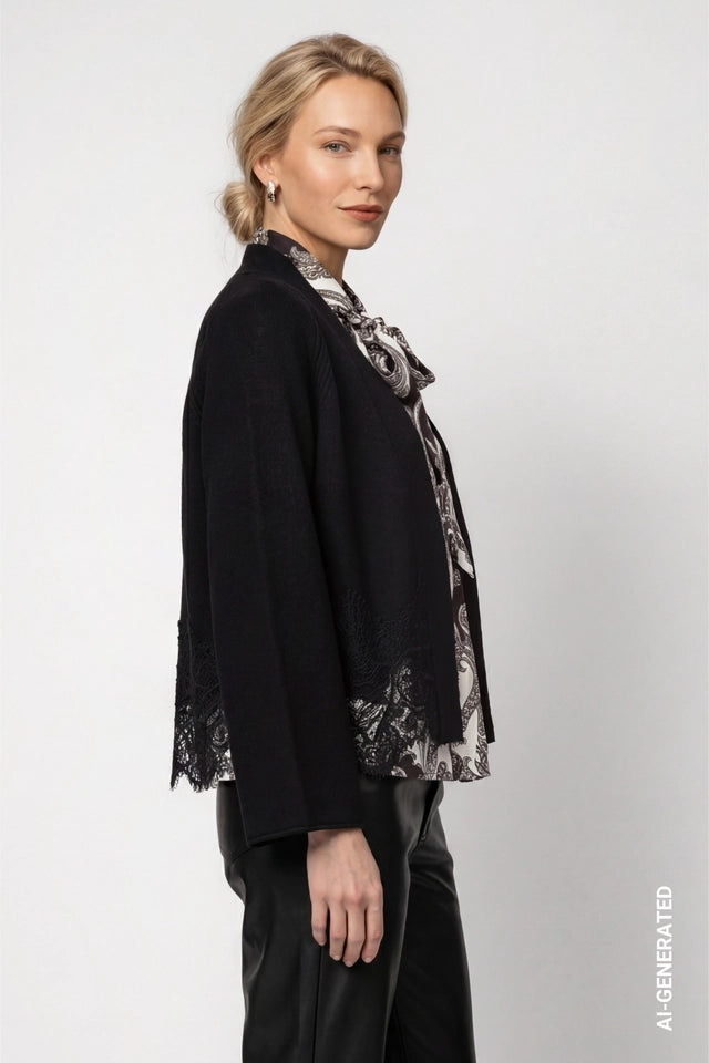 Black Cardigan With Lace Trim
