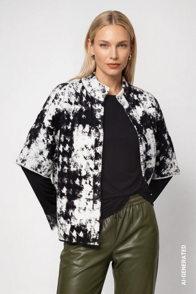Knitted Cape With Jacquard Black Pattern