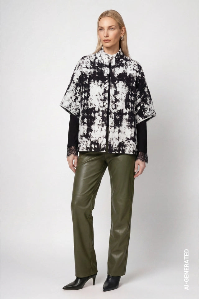 Knitted Cape With Jacquard Black Pattern