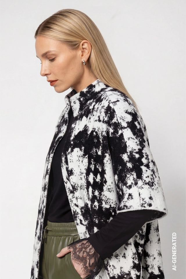 Knitted Cape With Jacquard Black Pattern