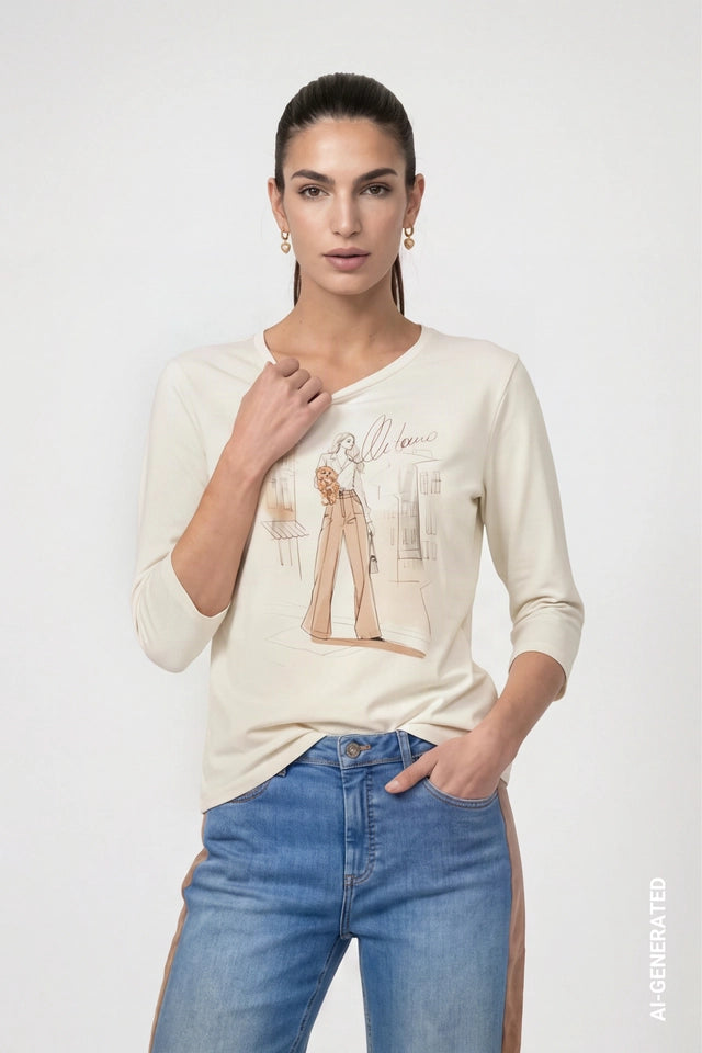 Cream Top With Girl Print