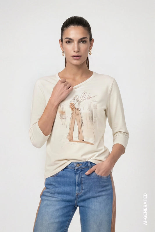 Cream Top With Girl Print