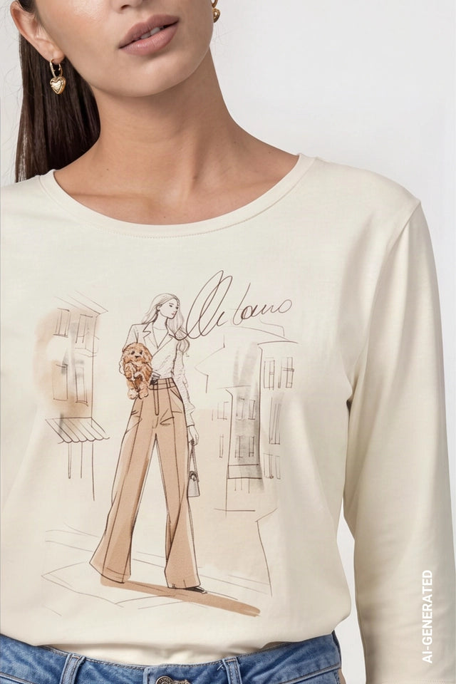 Cream Top With Girl Print