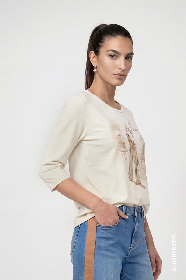 Cream Top With Girl Print