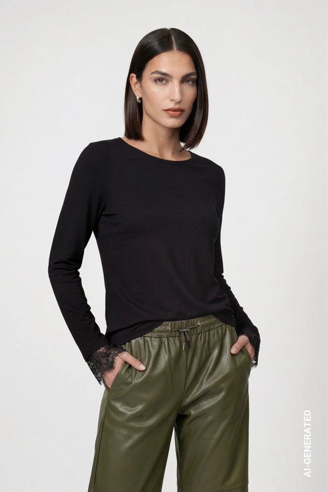 Black Long Sleeve Top With Lace Trim