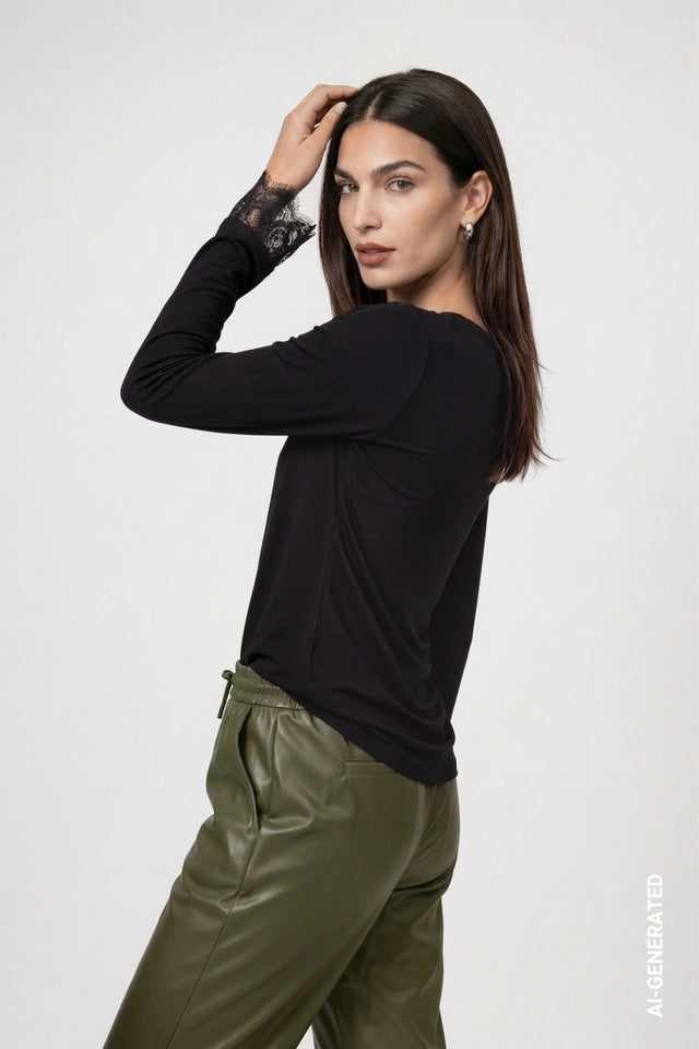 Black Long Sleeve Top With Lace Trim