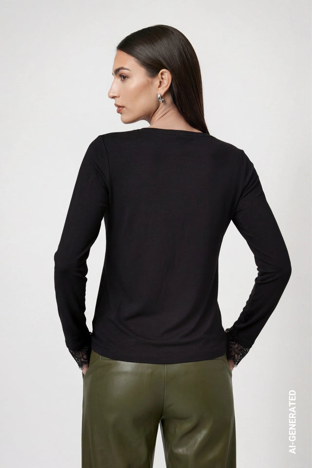 Black Long Sleeve Top With Lace Trim