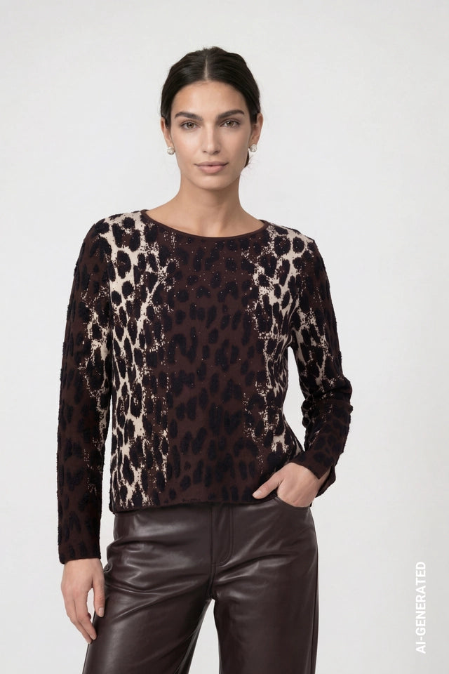 Knitted Jumper With Leopard Jacquard Pattern