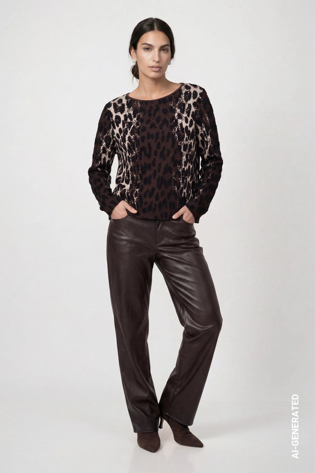 Knitted Jumper With Leopard Jacquard Pattern