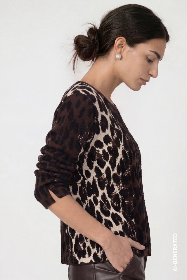 Knitted Jumper With Leopard Jacquard Pattern